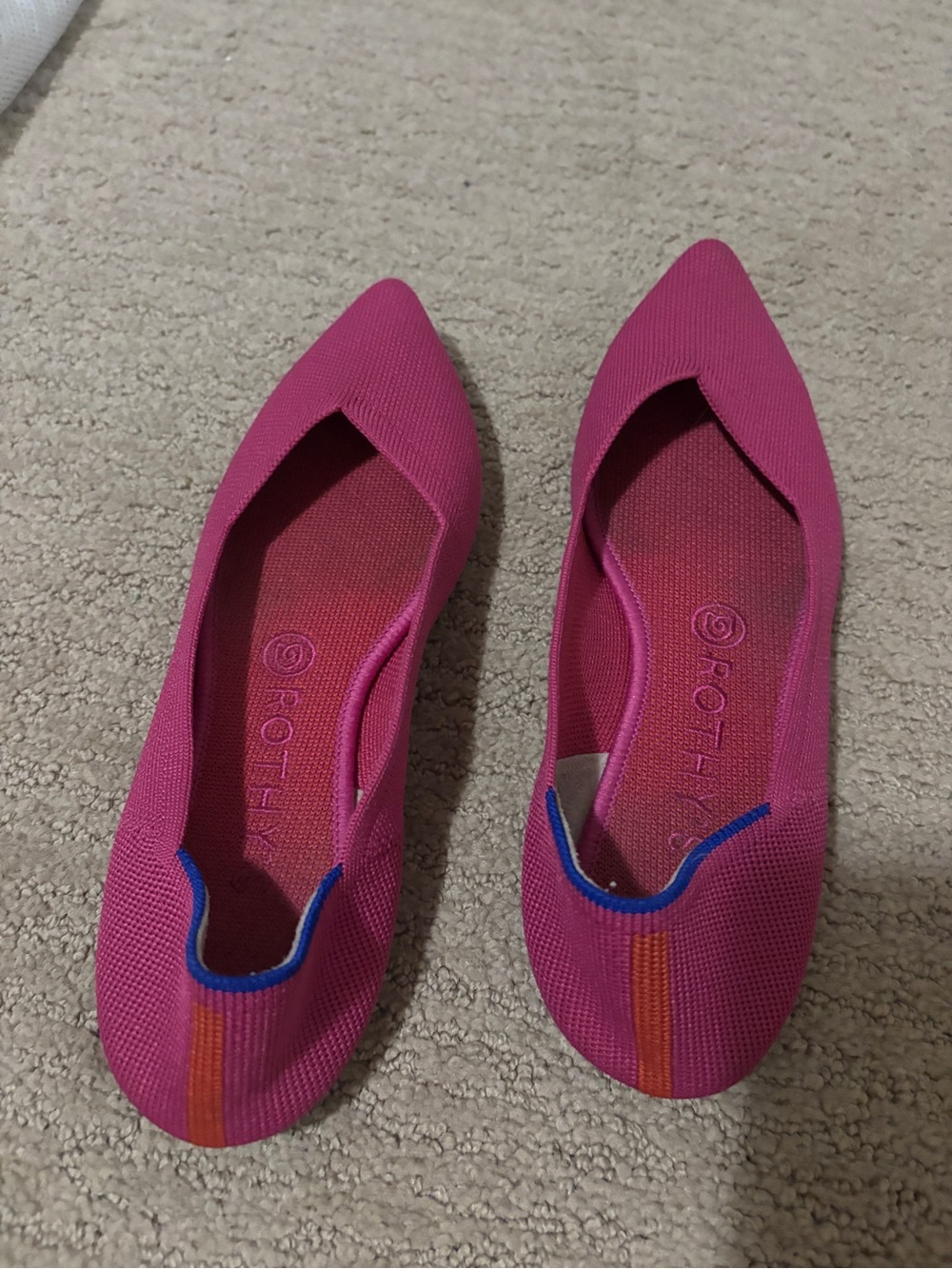 Rothy's Fuchsia Pointed Knit Flats with Orange Stripe Accent